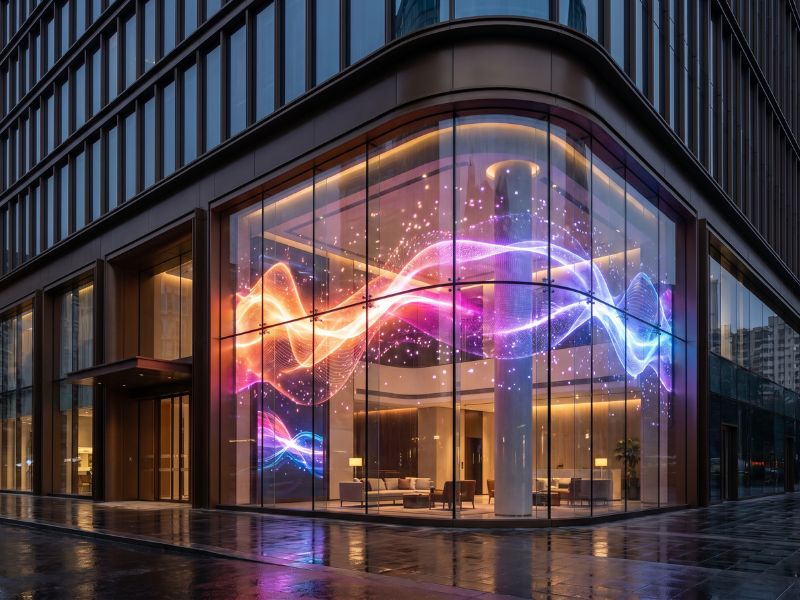 Transparent LED display screen integrated into glass façades and storefronts for modern digital signage without blocking visibility.