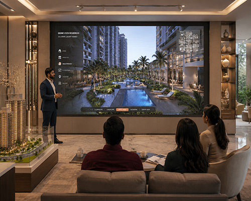 LED display presenting immersive 3D property walkthrough experiences.
