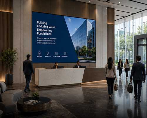LED display in a corporate lobby communicating brand identity and company updates.