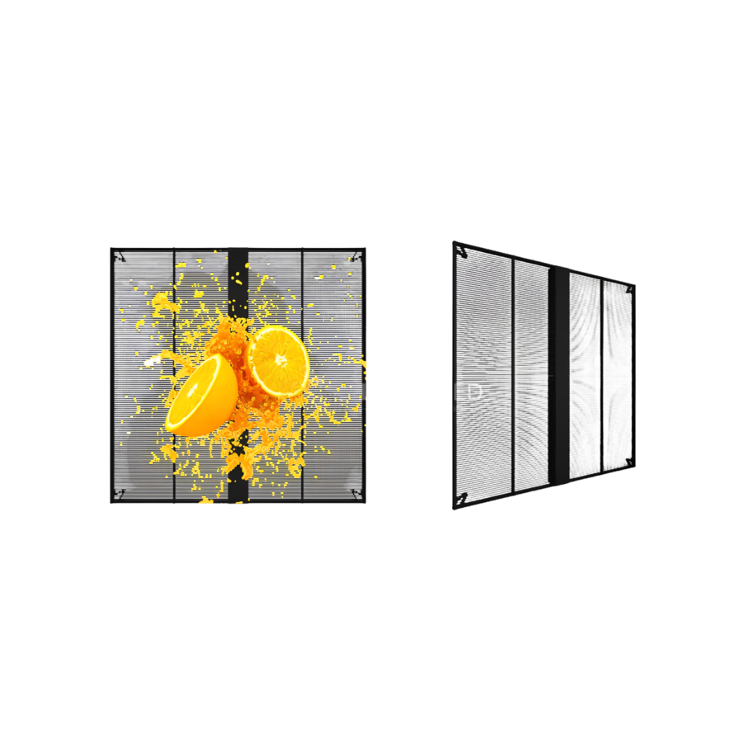 Outdoor transparent LED display for glass facade and retail applications.