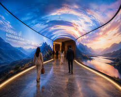 Curved LED screen for tunnel installation wrapping corridors with continuous immersive visual content.