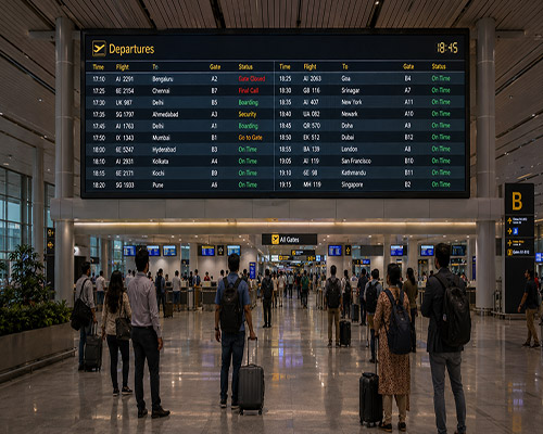 LED display showing departure and arrival information for passengers in airport terminals.