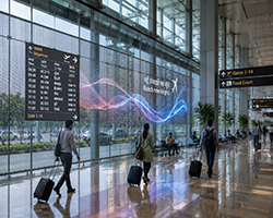 Transparent LED display screen installed on airport glass surfaces for communication and branding.