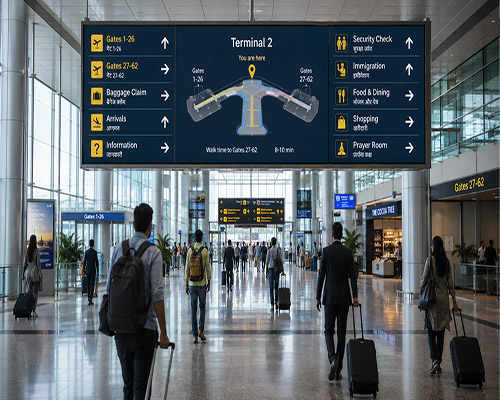 LED wayfinding display helping passengers navigate airport and transportation facilities.