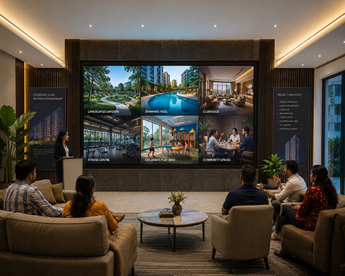 LED display highlighting amenities and lifestyle features of developments.