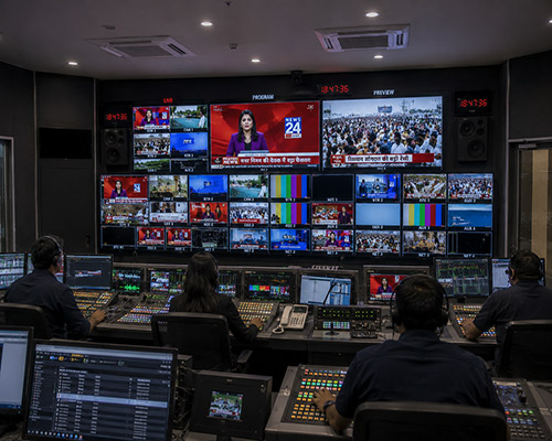 LED display supporting broadcast control room monitoring and live content management.