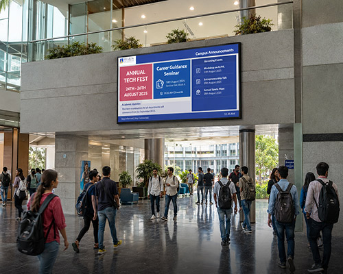 LED display communicating campus announcements and institutional updates.