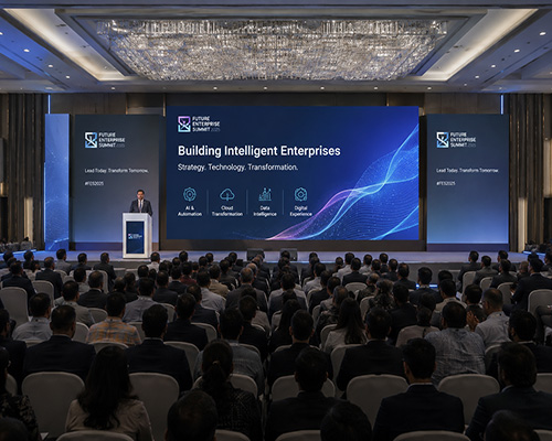 LED display installed in a convention hall for conferences, exhibitions, and events.