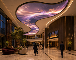 Curved LED display screen integrated into a ceiling installation for immersive architectural design.