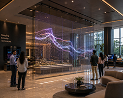 Transparent LED display screen creating immersive experiences within premium interior spaces.