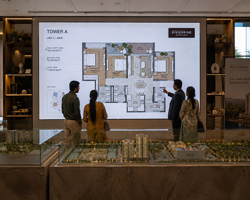 LED display showcasing interactive property layouts and floor plans.