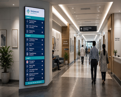 Digital wayfinding display guiding patients and visitors through hospital facilities.