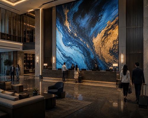 Large LED video wall installed in a hotel lobby creating an impactful guest experience.