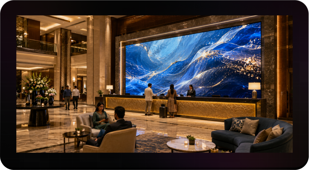 LED display installed in a hotel reception area for guest engagement and communication.