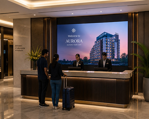 LED display installed at a hotel reception for welcome messages and guest information.
