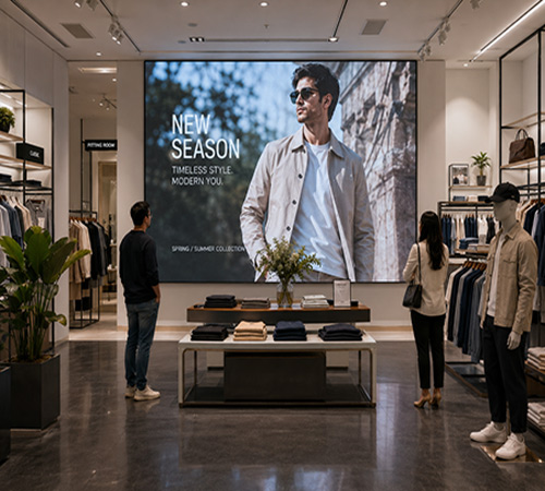 Indoor LED feature wall enhancing product storytelling and customer engagement in retail.