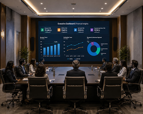 Large LED display ensuring clear visibility across the entire boardroom.