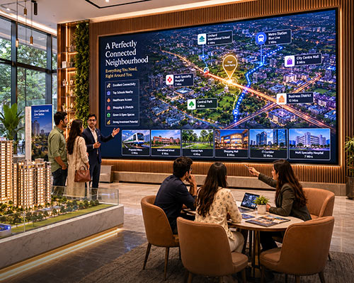 LED display presenting neighbourhood and location highlights for buyers.