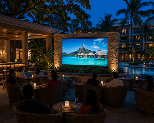 Outdoor LED display delivering entertainment and event content in resort environments.