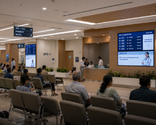 LED display presenting health awareness and patient education content in a hospital.