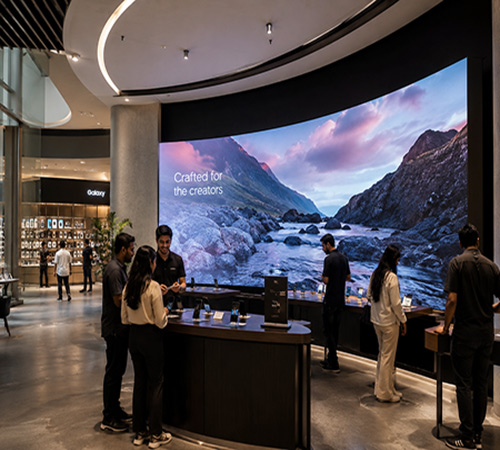LED display creating an engaging experience zone within a retail environment.