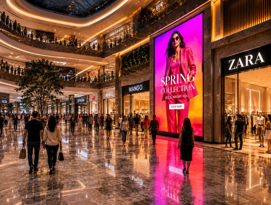 Indoor LED screen wall in a retail store creating immersive shopping and promotional experiences.