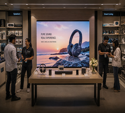 LED display integrated into a product display zone highlighting merchandise and promotions.