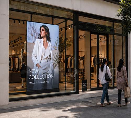 LED display installed in a retail storefront window showcasing promotions and brand content.