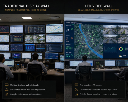 Scalable LED video wall supporting large monitoring environments with seamless expansion.