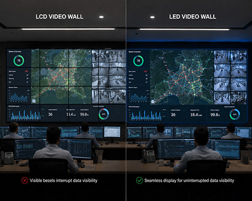 Seamless LED video wall eliminating bezels for uninterrupted monitoring and data visibility.