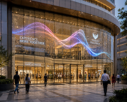 Transparent LED video wall installed on shopping mall glass façades for advertising.