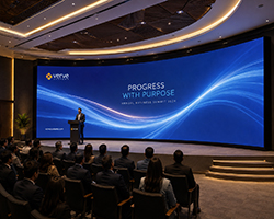 Curved LED backdrop installed on a stage for live events, concerts, and presentations.