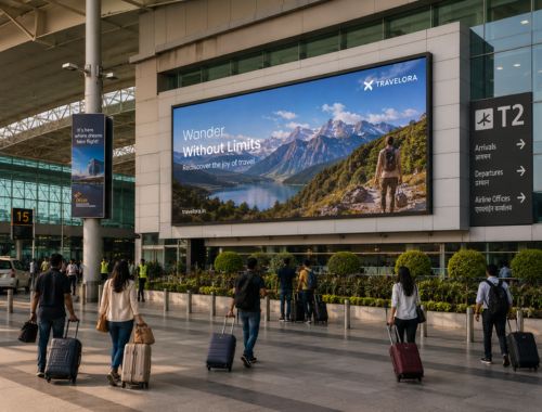 Outdoor LED display at an airport or transit hub providing advertising and passenger information.