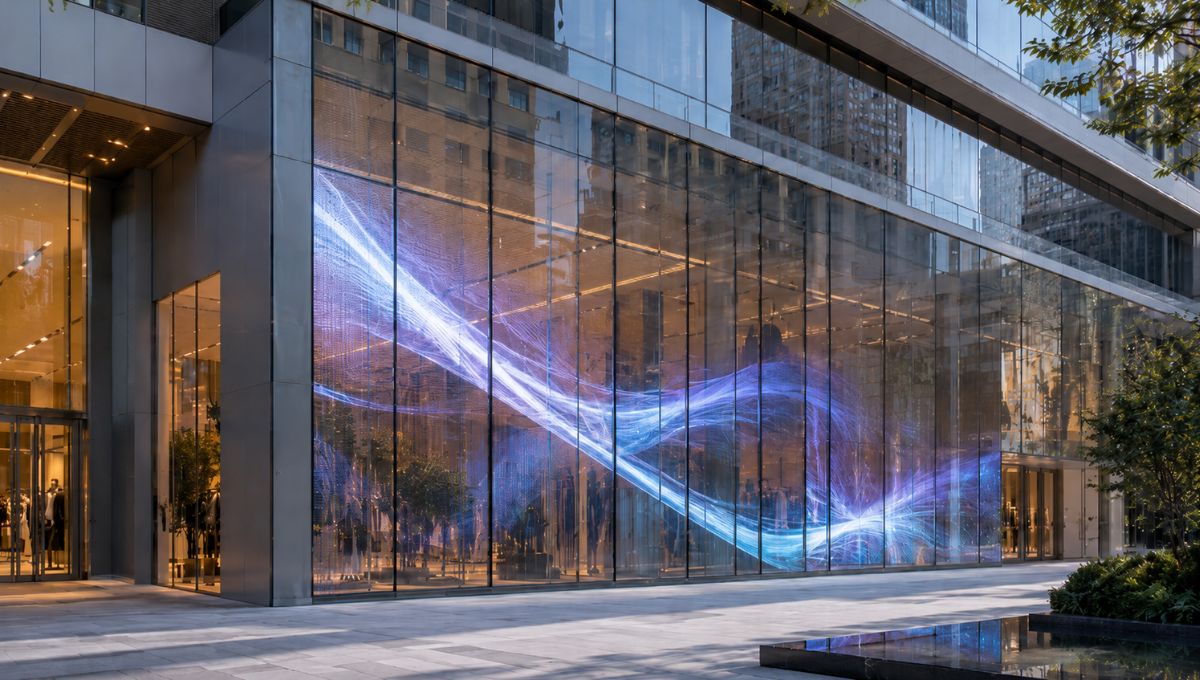 Transparent LED display integrated into architectural glass without altering aesthetics.