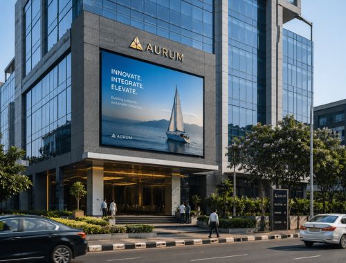 Outdoor LED display integrated into a commercial building façade for branding and digital content.