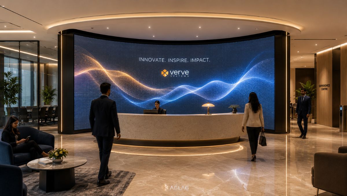 Curved LED display screen in a corporate headquarters for branding, presentations, and visitor engagement.