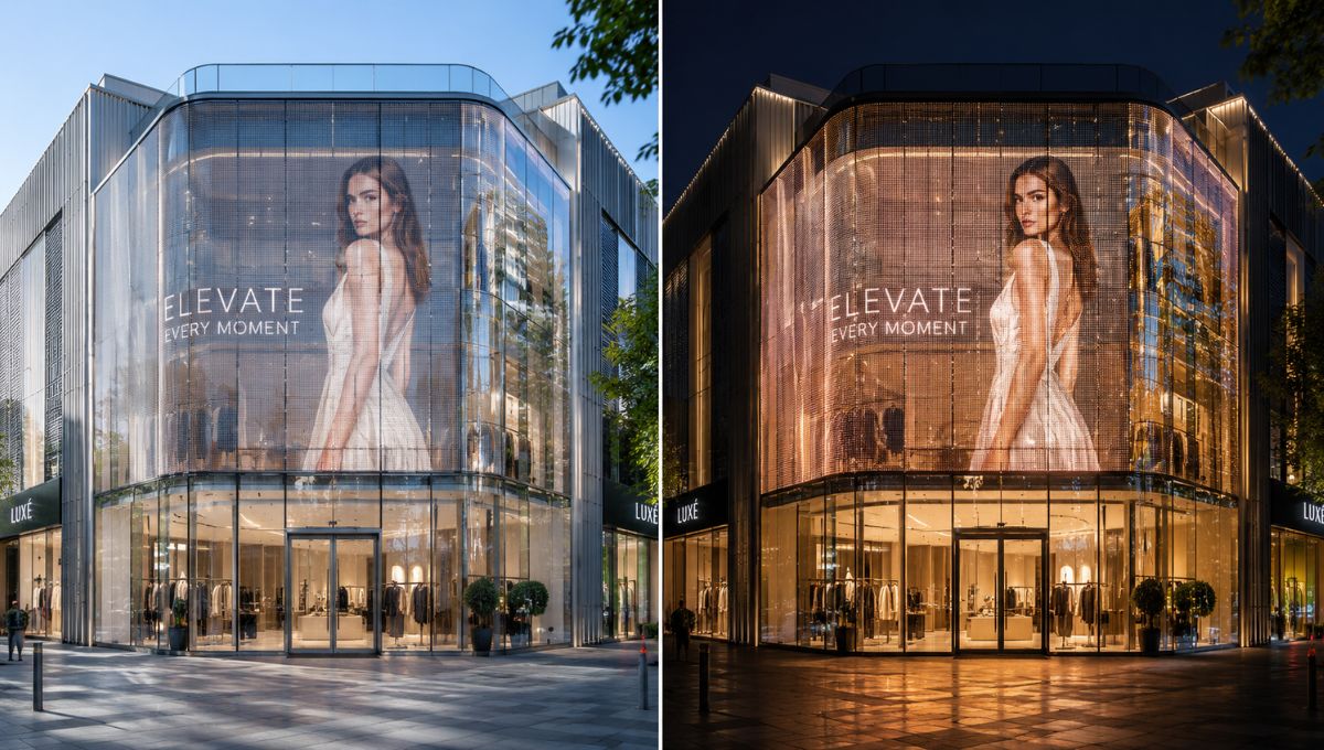 Transparent LED display maintaining visibility and branding during both day and night.
