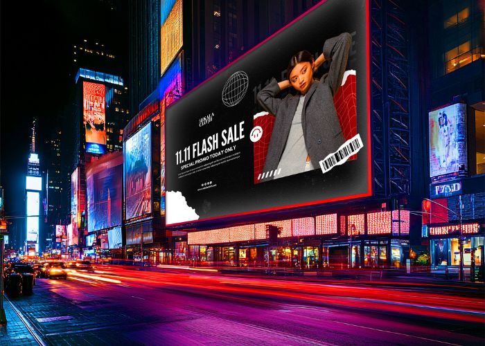 Outdoor LED display delivering vibrant advertising visibility across a busy metropolitan street at night.