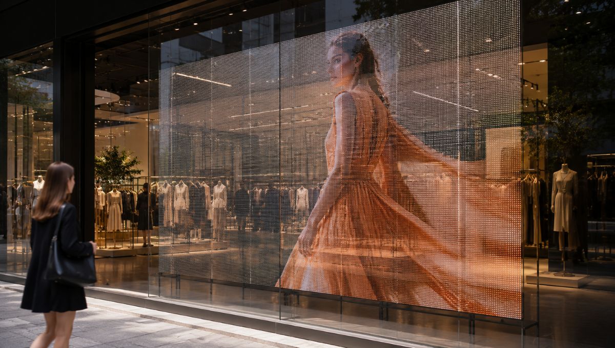 High-transparency LED video wall delivering digital content while preserving glass visibility.
