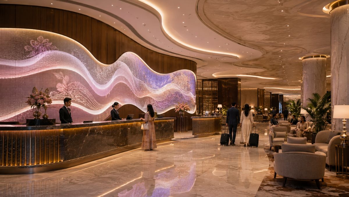 Curved LED video wall in a hotel lobby showcasing digital content with premium visual appeal.