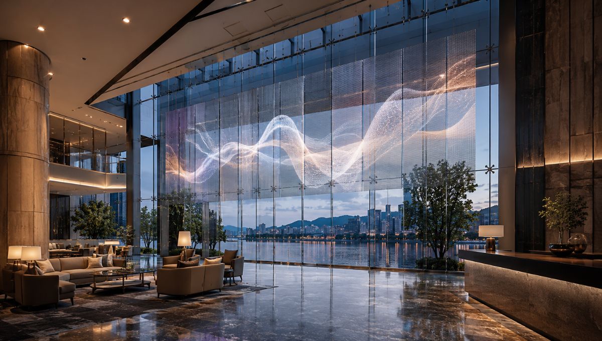 Transparent LED display enhancing visual engagement while maintaining open sightlines.