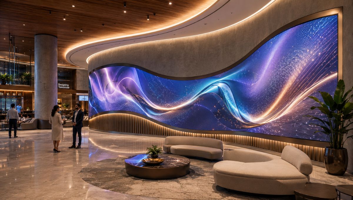 Curved LED screen in a luxury retail store enhancing product displays and brand storytelling.
