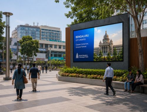 Outdoor LED display in a public area used for announcements, branding, and digital communication.