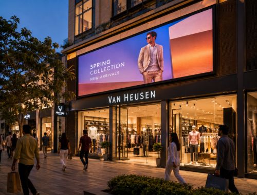 Outdoor LED display outside a retail store promoting products and enhancing brand visibility.