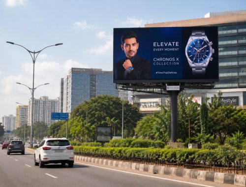 High-brightness roadside LED billboard displaying advertisements to passing traffic and pedestrians.