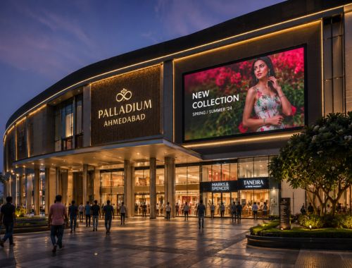 Outdoor LED display installed on a shopping mall exterior showcasing advertisements and promotions.