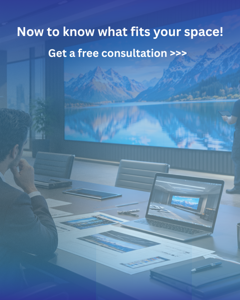 The image shows the best viewing distance for an indoor led screen in corporate and boardrooms.