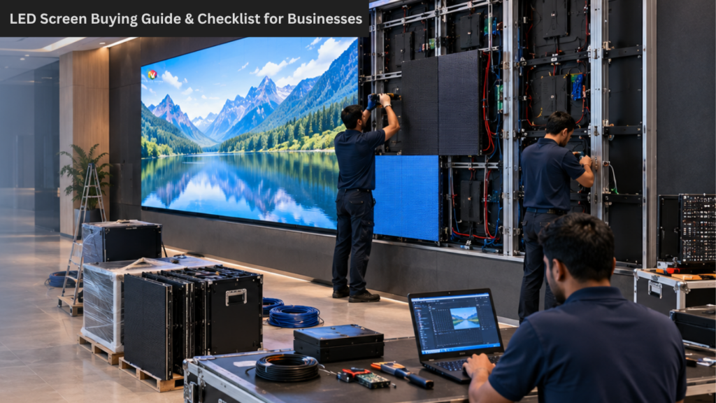 Engineers installing LED display screen in an indoor environment, configuring the screen, setting up the software and mapping the content.