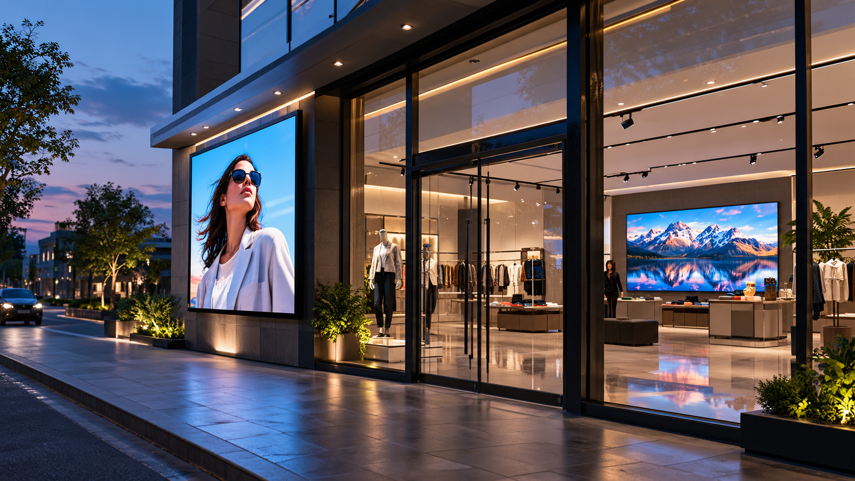 a storefront showing an outdoor display near the entrance and an indoor showroom wall through the glass behind it, public can view both the indoor and outdoor LED dispaly at same time.