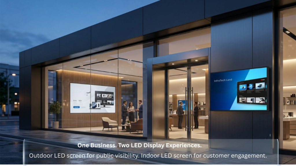 A storefront showing an outdoor display near the entrance and an indoor showroom wall glowing through the glass behind it.